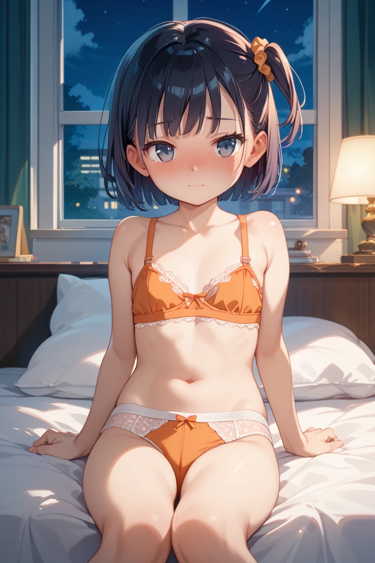 Girl in orange underwear、blue eyes、(One woman:1.2)、24 year old、shoulder-length black hair、Medium bob、Hotel、Medium chest、A smile、top-quality、teats、pubick hair、masturbation