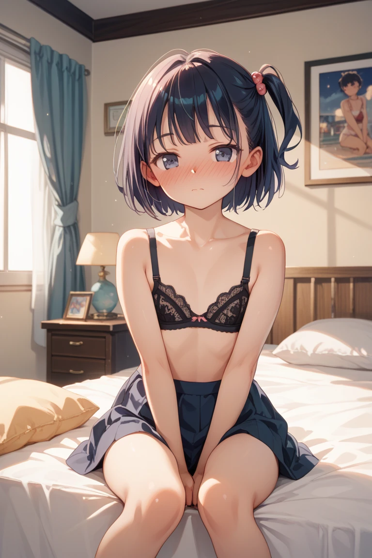 ultra-detailliert, Best Quality, High resolution, ((1girl in)), Looking at Viewer, pale skin, Petite, (Naked), (Very short hair), (flat chest), (Glasses), (blush:1.2), Blue eyes, Happy smile, NSFW, a bed、(A dark-haired)、Sit up、