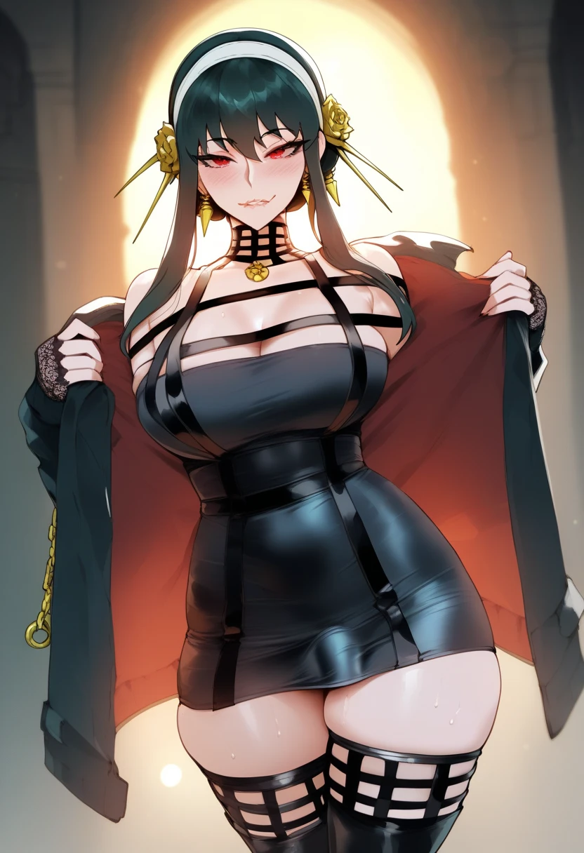 ((((Masterpiece)))), beautiful details, perfect focus, smooth 8K wallpaper, 4320p, high resolution, exquisite texture in every detail, perfect eyes very high detailed, perfect pupils, sclera_eyes_detail, eyes:1.2, human anatomy correct, pastel, hyper_detailed:1.5, (masterpiece), (picture-perfect:1.4), photo, portrait, 8k, UHD, high_resolution, very_high_resolution, yor, 1girl, solo, short_hair, breasts, looking at viewer, blush, smile, bangs, skirt, (((gigantic_breasts))), large breasts, detailed background, gloves, room Japanese background, hair between eyes, bare shoulders, jewelry, sitting, short hair, closed mouth, (((red eyes))), black hair, earrings, horns, black gloves, elbow gloves, black skirt, cape, streaked hair, covered navel, skindentation, open legs, legs_spread, cross, demon horns, impossible clothes, underbust, black cape, bodystocking, cross-laced clothes, iron cross, cross earrings, breast curtains, ((well drawn and drawn: 0.8)), ((((hands on hips)))),anime,