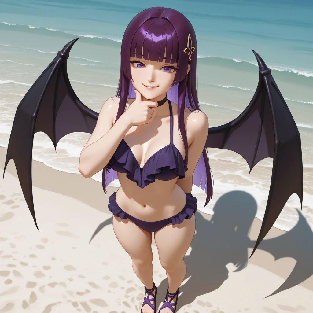 (8K, best quality, masterpiece:),一位金发美丽的女性Fallen Angel, naughty smile, Huge flame wings, , Fallen Angel, Flames in the background, detail, Dark purple bikini on the beach, 1:1 Ratio, Sitting on the bed,Lying in bed, detail, Practical,Full body shot,First person close-up