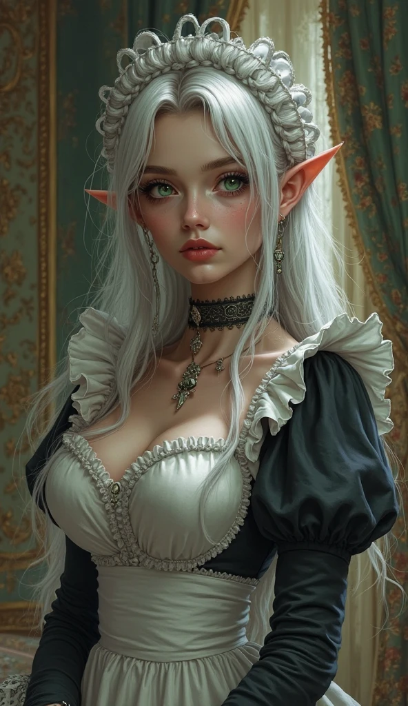 {-erro_de_anatomia:1.0} Moonlit night, sexy elf young victorian girl, very big breasts, black dress, victorian dress, sexy see-through underwear with lace, Beautiful Woman, happy face, gray hair, long hair, sitting on the floor,1 girl