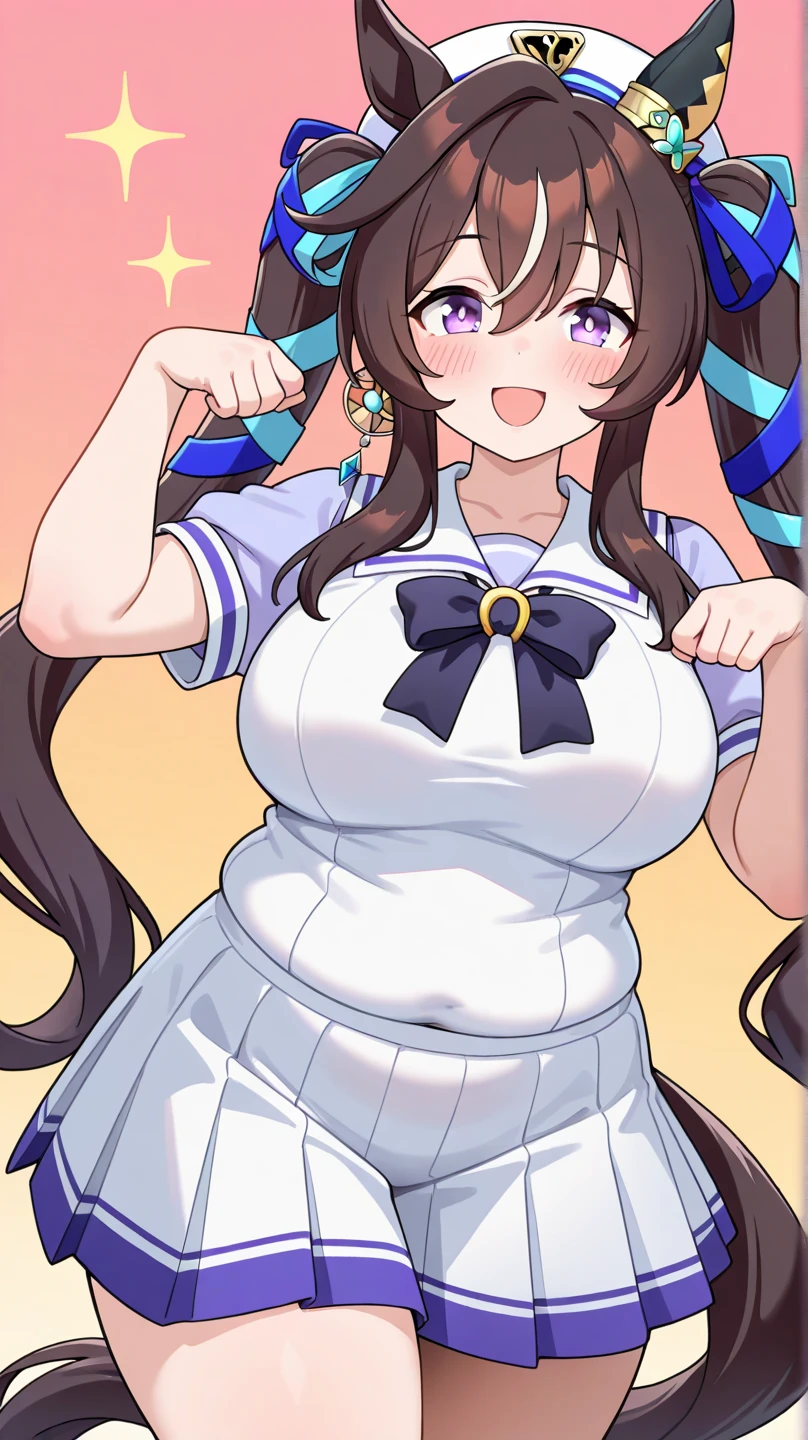 (huge huge tits), High resolution, 1 girl, marl, alone, Tokai Teio (Umamusume), Trasen , white thighs, white skirt, ponytail, sailor shirt, short sleeve, very long hair, brown haired, horseshoe decoration, sailor collar, purple shirt, hair intake, mini skirt, land, teeth, blue eyes, bangs, embarrassing, low length, transistor glamor,