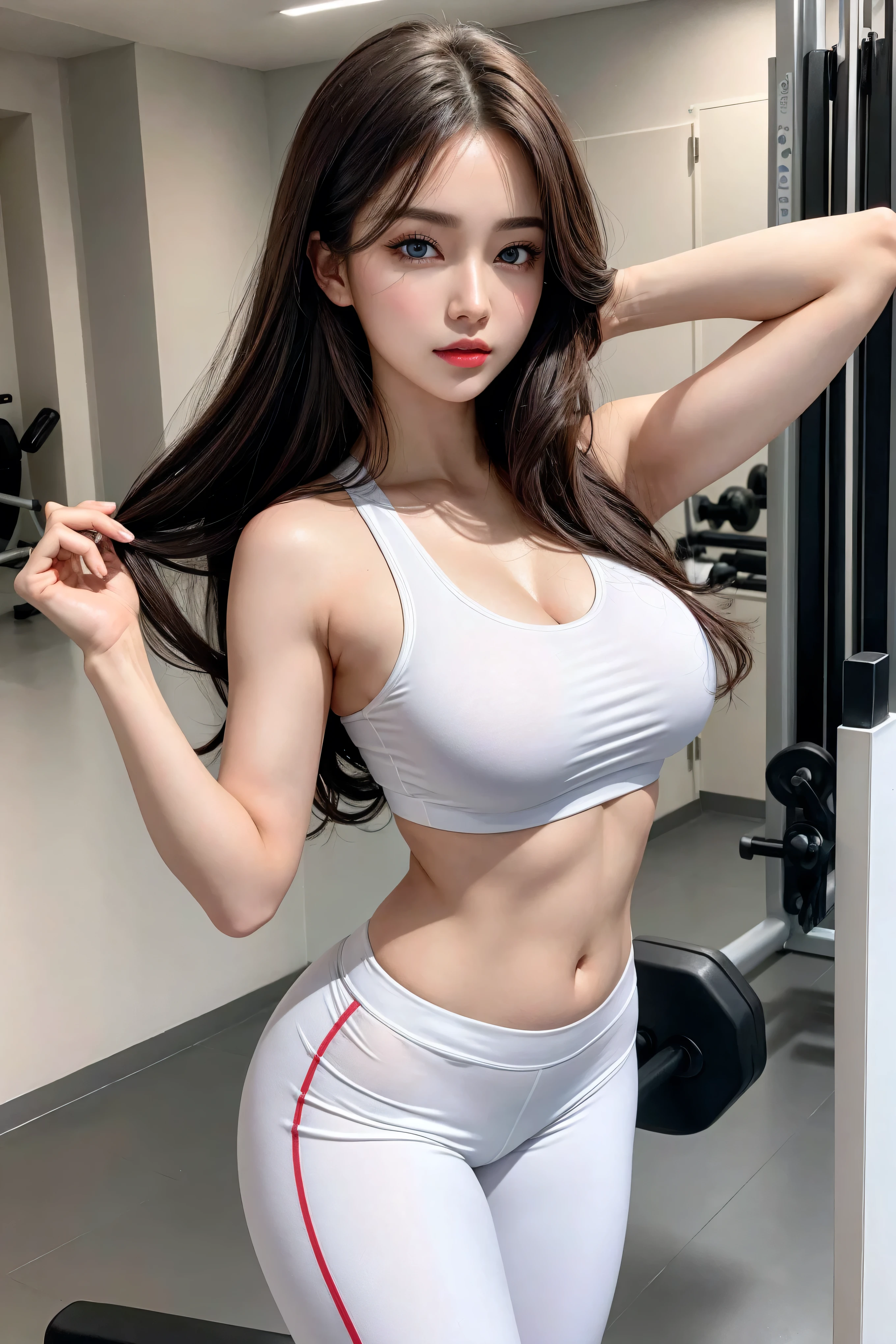 （best qualtiy）Meticulous sportswear girl，Sit on the floor of the gym，spread their legs，Camel toes，Wear delicate white leggings and a sports bra，Protruding small abdominal muscles，And adds a cinematic touch to the scenes in the super one，huge tit，Film lighting completes the overall atmosphere。