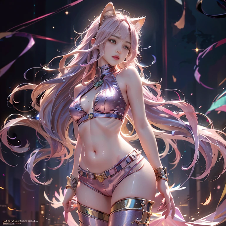 adult female, cat ears, gray hair, glowing eyes, young, bracelet, necklace, tattoo, fangs, long hair, nudity, tattoo, full body, necklace, bow, (extreme detail CG Unity 8K wallpaper, masterpiece, highest quality), ray tracing, reflective glow white: 1.5, texture gloss orange: 1.3, (rendering is excellent enough to stand out in its class),