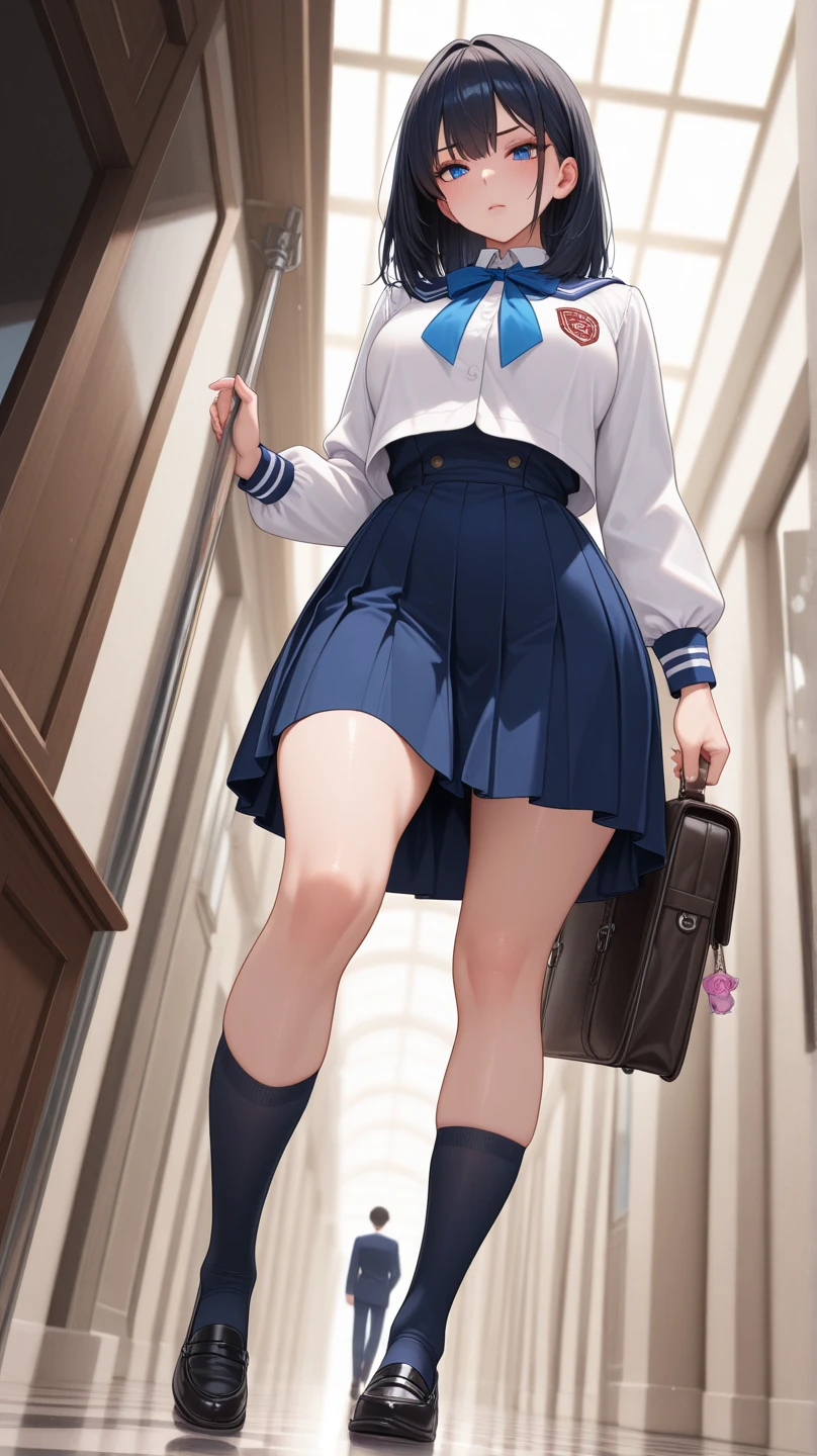 (hoang lap,high resolution,Hyper-detail,nfsw),Masterpiece artwork,best qualityer,1 ,bonitas,cabelos preto e longos,A detailed face,A brunette、Cao Cao 、Dark Blue Blazer、pink mini-skirt、pink necktie、schools,date、Esbian full body、Dimples、,Glitter glorioso、self-shooting,bright smile,(teal eyes)
