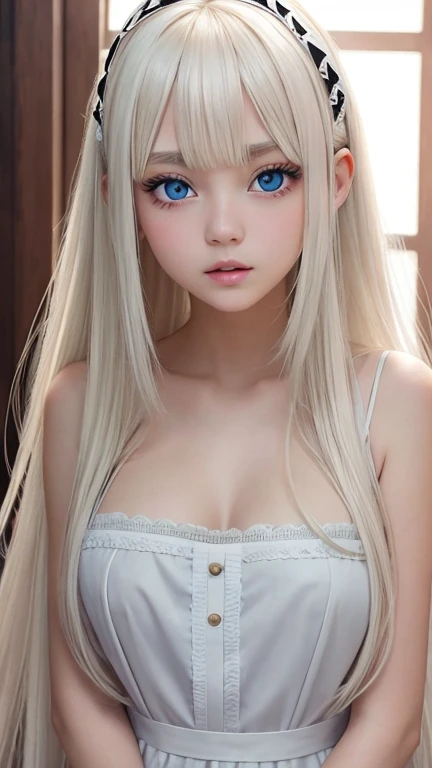 bright look、photorealism、highest quality、Super high resolution、picture、Photo of an exquisitely beautiful Scandinavian girl、extraordinary beautiful girl、cute and beautiful face details、(Pueros face_v1:0.008)、beautiful bangs、alice in wonderland、18-year-old、Shining white skin、hair run that extends to the face、bangs between the eyes、super long hair、Attractive light and dark platinum blonde super long straight silky hair、thin hair、Charming shining beautiful bright clear light blue big eyes、white apron、yellow dress、eyeliner、double eyelid、rich bust