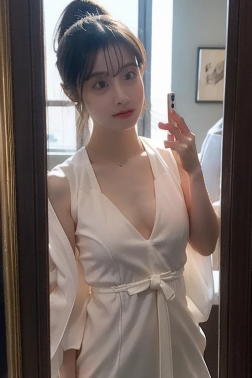 (realistic, photo-realistic:1.37), (masterpiece), (highest quality:1.4), (ultra high resolution:1.2),(Raw photo:1.2), (sharp focus:1.3), (face focus:1.2), vivid details, hyperrealistic, elegant, professional attire, finely, Blake Beach, japanese idol, (navy one piece swimsuit,), short hair, (Smile), (huge breasts), (Glossy skin:1.4), Are standing, (((From the side))),