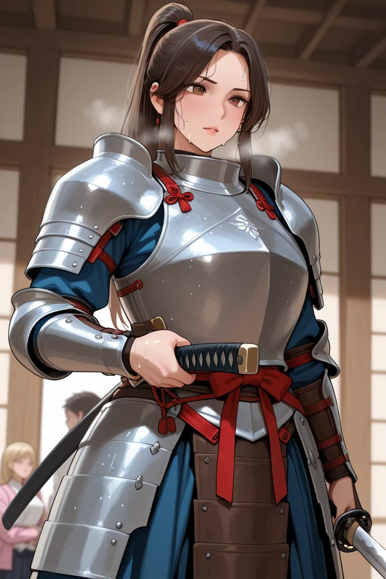 ((((masterpiece, best quality, high resolution)))), Extremely detailed 8K, Beautiful girl with voluptuous body, (Ultra HD, Ultra-detailed, Highly detailed, Highly realistic, Ultra-realistic, photograph realistic), (1girl:1.5), (Realistic black hair), (short wavy hair, earrings), (dynamic poses), facing at camera, looking at viewer, (blushing red, embarrassed), (blue eyes, sharp eyes), (perky breasts:1.2), (beautiful detailed face, beautiful detailed eyes), ((samurai metal armor, breasts plate)), (standing up), sweat, glow, (sunbeam, sunlight), ((cowboy shot)), inside dungeon, seductive