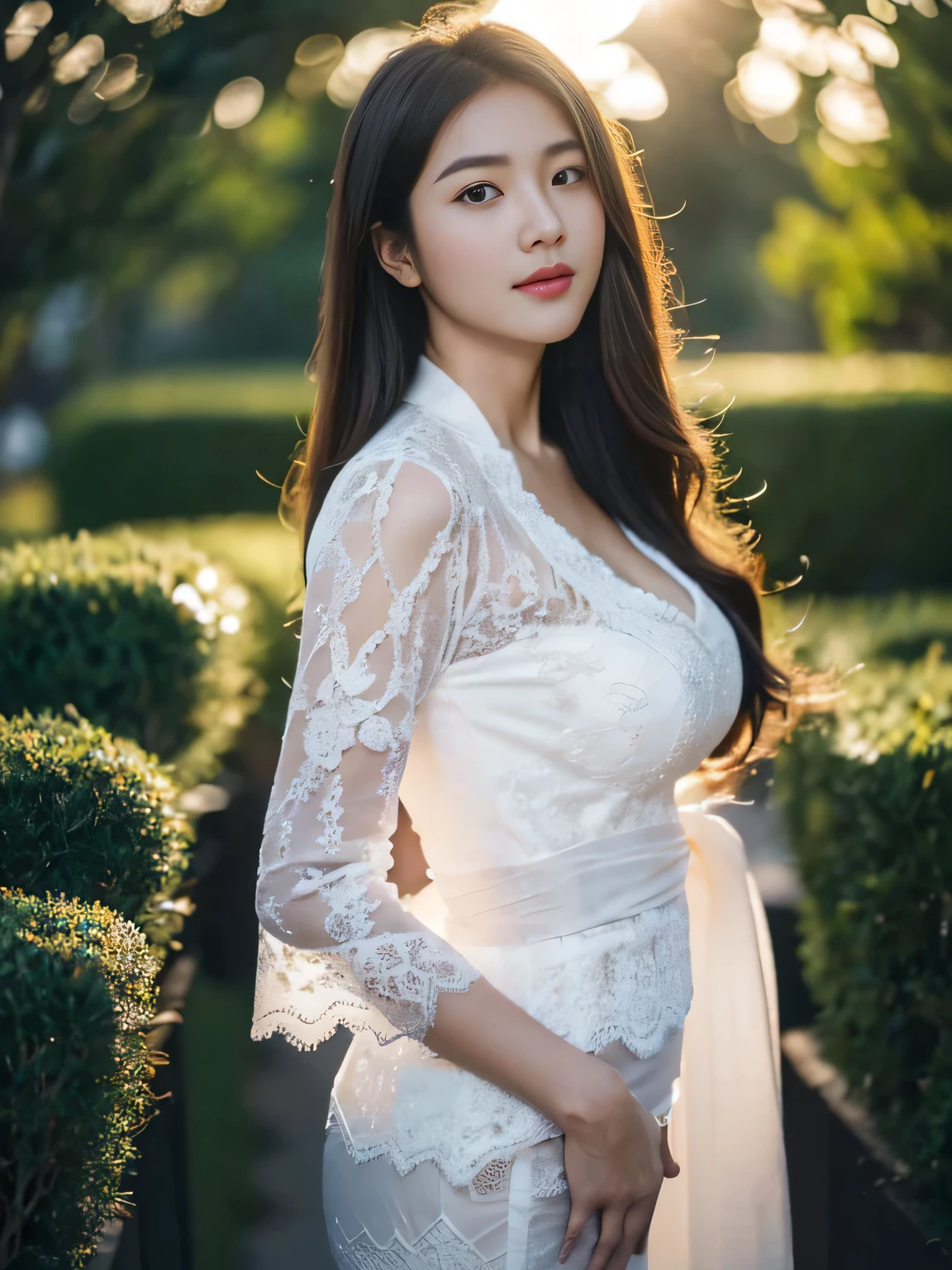 8k, best quality, Medium close-up, (white kebaya )、(luxury kebaya ),(top-quality,​masterpiece:1.3,超A high resolution,),(ultra-detailliert,Caustics),(Photorealsitic:1.4,RAW shooting,)Ultra-realistic capture,A highly detailed,high-definition16Kfor human skin, Cute and lovely Korean girl, realistic, ultra detail, photo realistic, Increase quality, 
 standing in a garden with a scarf, garden, (large breast), (cleavage ), close-up shot,  mouth,dark-haired, long hair, (depth of fields、chromatic abberation、Wide range of lighting、Natural Shading、)、(Exterior light at night:1.4)、(Hair swaying in the wind:1.2).