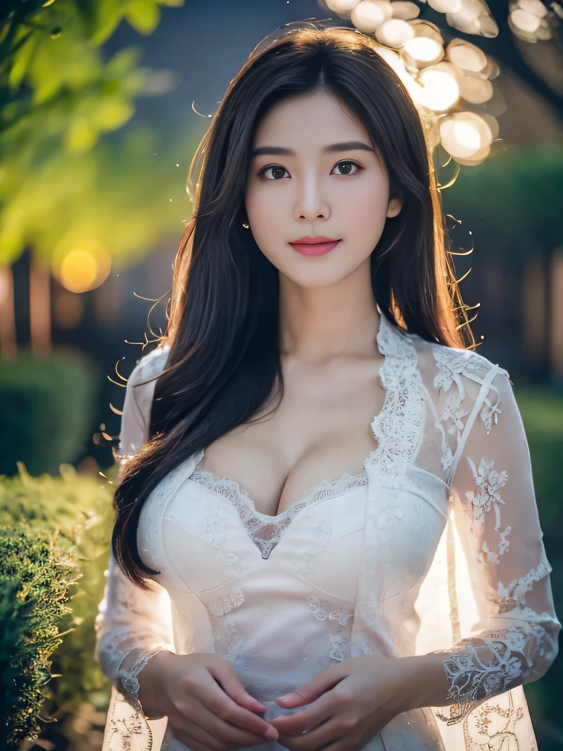 8k, best quality, Medium close-up, (white kebaya )、(luxury kebaya ),(top-quality,​masterpiece:1.3,超A high resolution,),(ultra-detailliert,Caustics),(Photorealsitic:1.4,RAW shooting,)Ultra-realistic capture,A highly detailed,high-definition16Kfor human skin, Cute and lovely Korean girl, realistic, ultra detail, photo realistic, Increase quality, 
 standing in a garden with a scarf, garden, (large breast), (cleavage ), close-up shot,  mouth,dark-haired, long hair, (depth of fields、chromatic abberation、Wide range of lighting、Natural Shading、)、(Exterior light at night:1.4)、(Hair swaying in the wind:1.2).