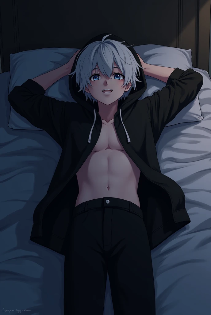 cute male, cat ears, cat tail, looking at camera, smiling, white hair, shirtless, white underwear, sitting on bed, japanese house, 4 , cute boy, small body, no shirt