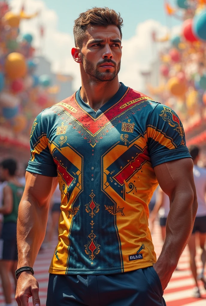 1 Chinese man 2 He holds a flag 8 meters long and it is the flag of China 3 he has a black background 4 he has six-pack abs 5 he has tattoos of Chinese dragons 6 he has velvet pants with Chinese dragons 7 The pants have colors that represent China