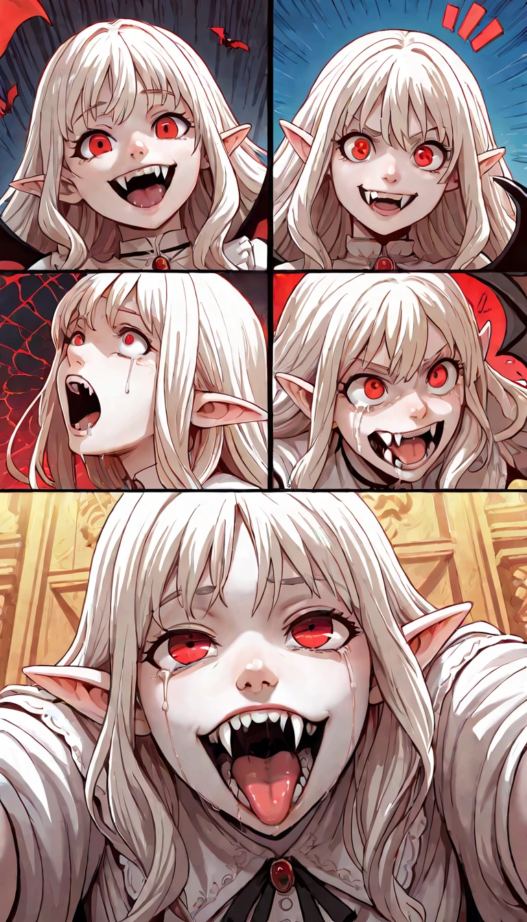 Very High resolution,cute anime-style,Rich colors,masterpiece,best quality,amazing quality,hyper-detailed,very aesthetic,A variety of emotions,splitting the screen for each of the different emotions,Matrix,Happiness, anger, sadness, enjoyment, fear, crying, grimacing, thinking, surprise, anxiety, grinning, , , evil smile, impressed, Bite and suck blood ,One female vampire,(:1.2),(white skin:1.2),Her hair is waist-length,Her hair is long and straight,Her hair color is platinum,The face is slightly long and has a neat and noble impression,(Her eyes are red:1.2),Slightly long and narrow eyes,She tends to look down as if looking down,Her nose is high and has a neat Western-style bridge,Her lips are thin,Her lips are a deep red like blood,(The corners of her mouth are slightly upturned:1.2),(the upper canine teeth are sharp and long vampire fangs:1.5),(very long pointed ears like an elf:1.2)