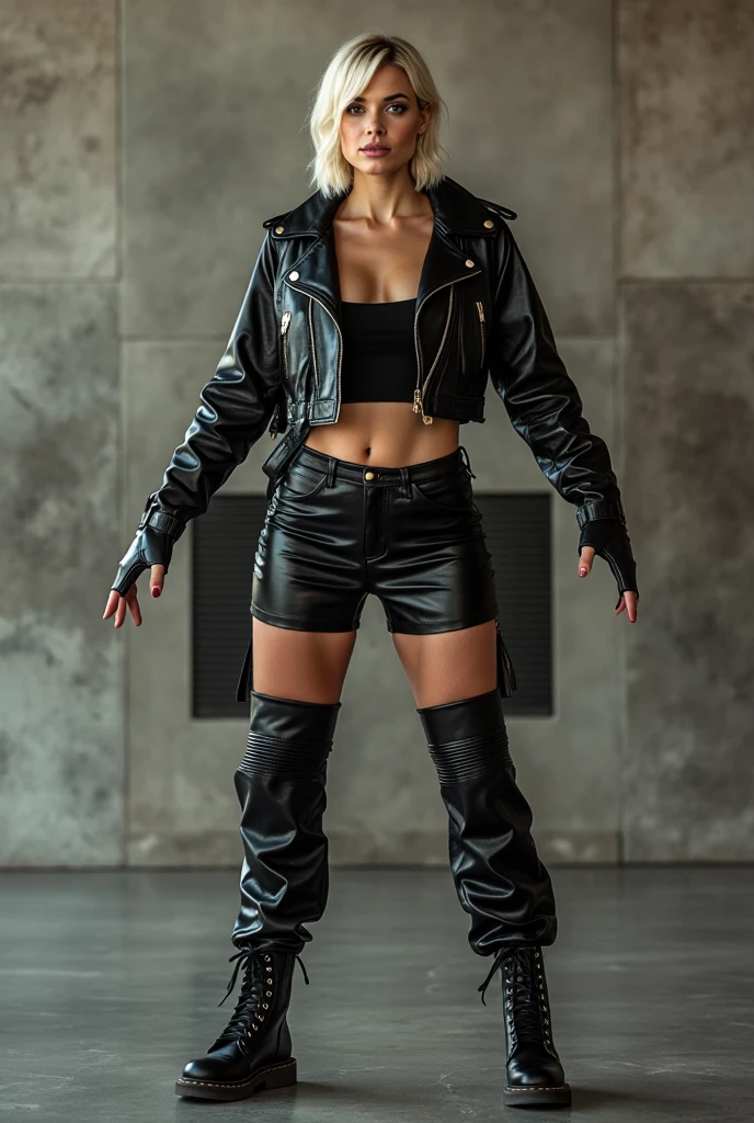((Courtney Hope)), red hair, asymmetrical hair, short ponytail, wavy hair, sidelocks, hair over one eye, low ponytail, serious, seductive smile, Jesse Faden from video game "Control", Fitted Black motorcycle/bomber jacket 1/4 cropped, (White micro bikini top under jacket), Skin tight black jeans, (strong glutes), Loose matte black leather motorcycle boots, Slim but lightly toned build, Small bust, cinematic lighting, wide shot, from above, (pinup pose), background is a pile or field of white maneki neko, (laying back on a pile of white maneki neko:1.3) , UHD, 16k, textured skin, best quality, anatomically correct, accurate, masterpiece, (promotional art), (full body portrait) , Flawless skin , Smooth skin , Correct anatomy, best hands, correct hands
