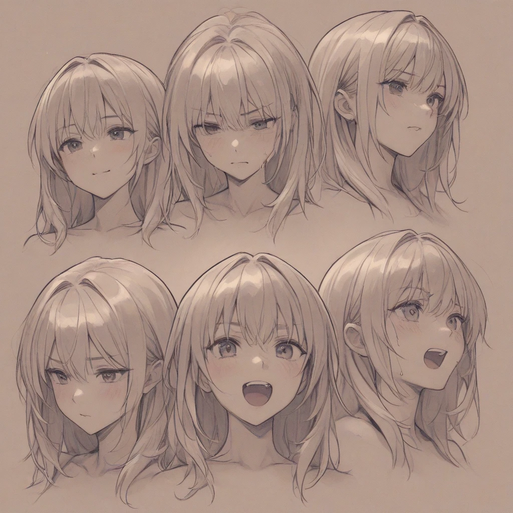 four pictures with different expressions in the same drawing style each shows one woman and two other girls, a few cartoon images of the same female character that i'm not sure what this is, a young girl touching her stomach and her breasts, a collection of sketches of several women, two pages show a woman in underwear next to another girl wearing a thongy panties