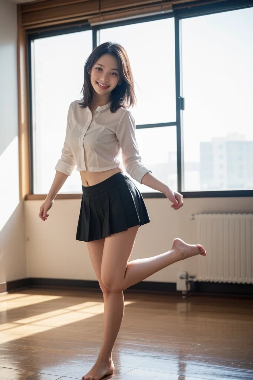 whole body, Highest quality, Realistic, Very detailed, finely, High resolution, 8k wallpaper, 1. Beautiful woman,, light brown, Shaggy hair, Wear a business suit, Sharp focus, Perfect dynamic composition, Beautiful and detailed, Thin Hair, Detailed Realistic skin texture, smile, Close-up portrait, Model body type,Cleavage、筋肉質で長くBeautiful legs、Beautiful feet、Super mini tight skirt、Sit on a chair、thin black pantyhose、I can see the toes of her high heels、Perfect Style、Perfect long legs、Beautiful legs、healthy and long legs、Poses that accentuate the legs、Perfect composition,Sexy poses showing crotch、