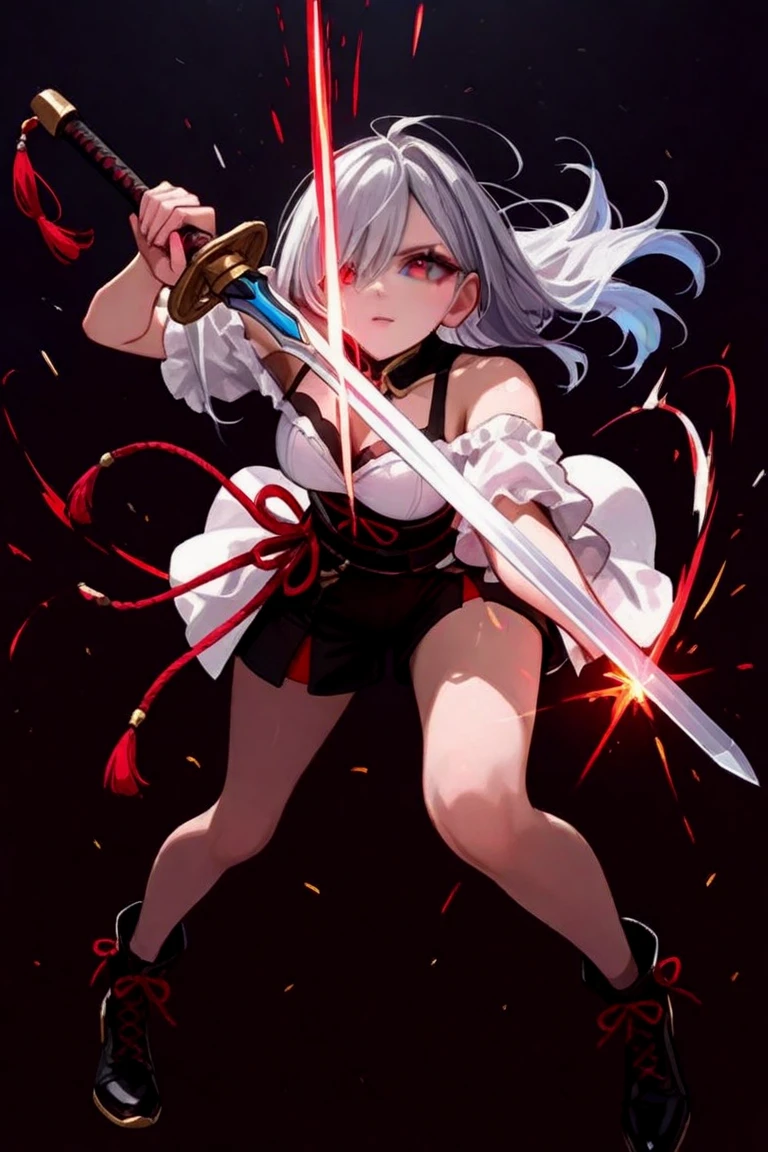 1 girl, loli, light skin, white hair, short spiky hair, short spiky ponytail, blue eyes, small breasts, red headband, red short kimono, close kimono, kunoichi gloves, kunoichi sandals, :D, very Happy, detailed body, detailed face, detailed eyes, glistering body, shiny body, full body, standing, holding a kunai, kunai stance,