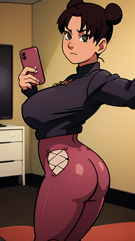female, female only, seductive. seductive smile, blush, blushing, lusty smile, is horny, shy, lusty expresion, heart pupils, hearts, thick ass, thick thighs, ass view, ass focus, embarrassed, blushing, blush, unzipped hoodie, pink hearts, yandere personality, yandere, mirror selfie, selfie, mirror, holding phone,