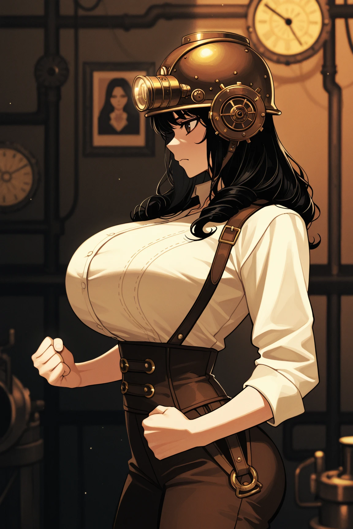 (ultra gigantic large breast:1.8),(((dynamic pose, dynamic camera shot)))marked under the clothes, marked cameltoe,(absurdres, highres, ultra detailed), 1woman, mature female, aged up, wavy long hair, split-color hair, heterochromia, bangs, long sleeves, finely detailed eyes and detailed face, extremely detailed CG unity 8k wallpaper, intricate details, (style-rustmagic:0.8), (medieval cyborg:0.8), portrait, (bloody wounds:0.7), looking at viewer, solo, half shot, detailed background, (steampunk theme:1.1) determined expression, dark couds technomancer, floating lights, color leather vest with gears, techwear, jetpack, workshop in background, machines, gears, steam, industry, technology, furnace, grime, anvil, buttons, levers, automaton, electricity, electric sparks epic atmosphere,, portrait