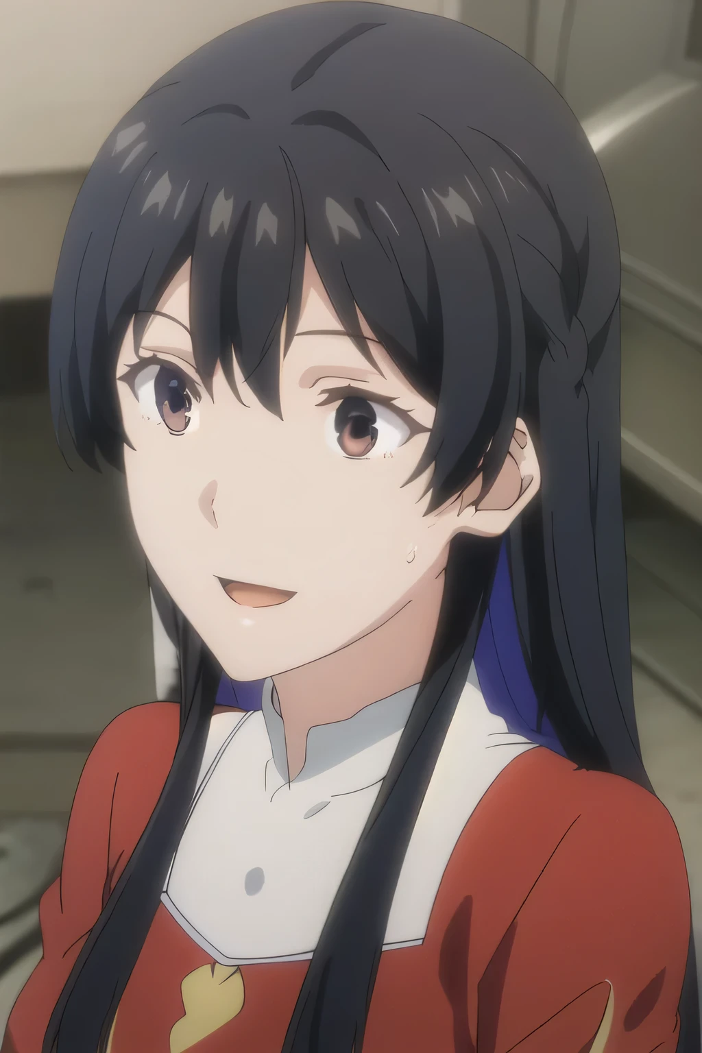 I need a face,Accurate representation of limbs, beautiful smiling woman ,a saint in a long red dress, beautiful smiling woman ,Big Breastsでもウエストが細い,{{X}},describe her expression more delicately,walking alone,(She's casual,(That work is enough for one person )、 , Can you draw an attractive 20-year-old adult woman taking off her uniform, long hair, Big Breasts, thin waist , , ,