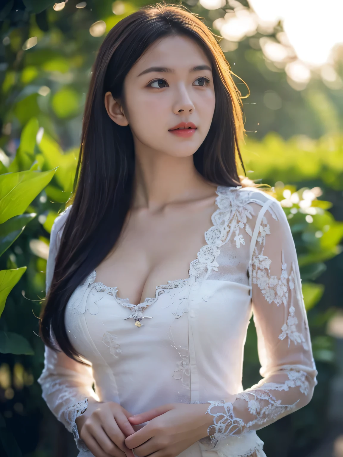 8k, best quality, Medium close-up, (white kebaya )、(luxury kebaya ),(top-quality,masterpiece:1.3,超A high resolution,),(ultra-detailliert,Caustics),(Photorealsitic:1.4,RAW shooting,)Ultra-realistic capture,A highly detailed,high-definition16Kfor human skin, Cute and lovely Korean girl, realistic, ultra detail, photo realistic, Increase quality,
standing in a garden with a scarf, garden, (large breast), (cleavage ), close-up shot, mouth,dark-haired, long hair, (depth of fields、chromatic abberation、Wide range of lighting、Natural Shading、)、(Exterior light at night:1.4)、(Hair swaying in the wind:1.2).,bare breast