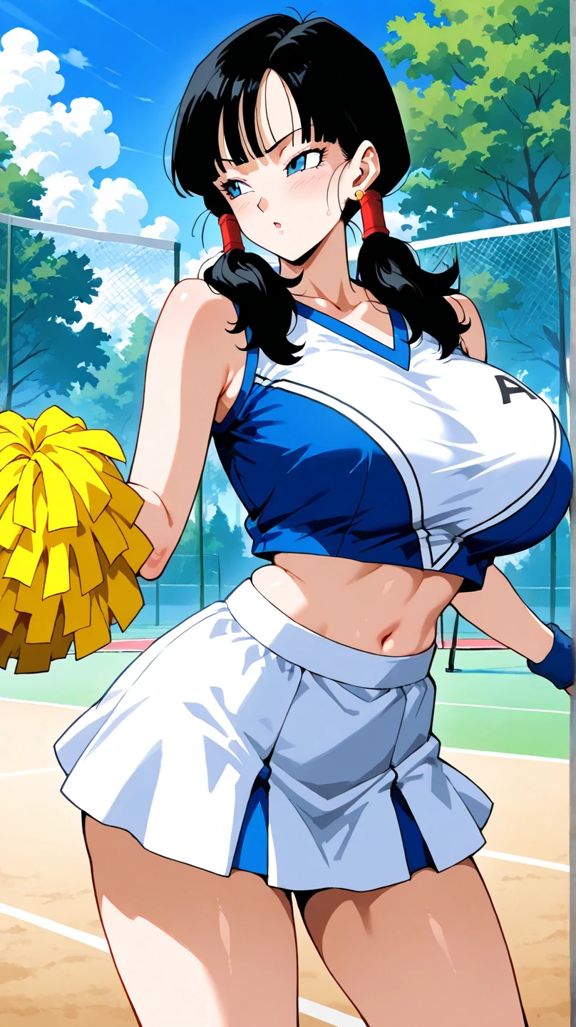 showing her armpits, (cheerleader t-shirt), (cheerleader short pants), volleyball court background, NJAkiV4, oda non style, anime cels style, smiling, (lipstick), purple eyes, (long hair), best quality, high resolution, (cowboy shot, 1 girl, 30yo,Young female,Beautiful Finger,Beautiful long legs,Beautiful body, Beautiful Nose,Beautiful character design, perfect eyes, perfect face,expressive eyes, perfect balance, looking at viewer,(Focus on her face), official art,extremely detailed CG unity 8k wallpaper, perfect lighting,Colorful, Bright_Front_face_Lighting,White skin, (masterpiece:1.0),(best_quality:1.0), ultra high res,4K,ultra-detailed, photography, 8K, HDR, highres, absurdres:1.2, Kodak portra 400, film grain, blurry background, bokeh:1.2, lens flare, (vibrant_color:1.2),professional photograph, (Beautiful,huge_Breasts:1.4), (beautiful_face:1.5),(narrow_waist)