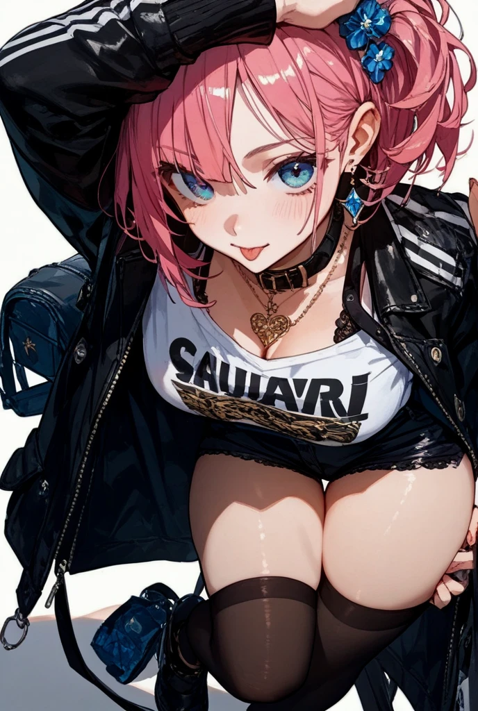 A pregnant pink haired woman with violet eyes is holding three blades in her hand