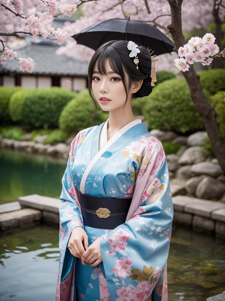 In a futuristic scene, Mechanically Enhanced Japanese Geisha、The elegance of elaborate gardens. has beautiful and delicate eyes and lips that complement her face . The geisha wears traditional kimonos with intricate patterns and designs 。. Around her are bright Cherry Tree and a quiet carp pond. This scene is drawn with a fusion of illustration and photorealism, Extremely detailed and clear brushwork, Brilliant Color. The lighting accentuates the geisha's elegant features, Gives porcelain skin a soft glow. artwork are of the highest quality, 4K or 8K resolution, Showcasing the intricate details of geisha costumes, Cherry Tree, And the glittering scales of the carp. The overall color scheme is 、A combination of traditional Japanese colors, Crimson, wait., black, and subtle gold accents , with futuristic twists. The fusion of ancient traditions and modern technology、 creates fascinating and visually impressive masterpieces .exposed shoulders, can see her chest、 I can see the valley 、 when my chest 、exposed shoulders、showing the chest topless