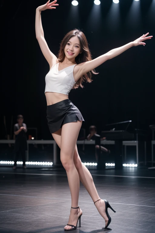 A dynamic image of a hip hop dancer in action, showcasing energetic and stylish dance moves typical of hip hop culture. The dancer should be in a mid-dance pose, displaying agility and rhythm. The background can be an urban setting or a dance studio, reflecting the vibrant and expressive nature of hip hop dance. High-waisted shorts, off-the-shoulder top, espadrilles