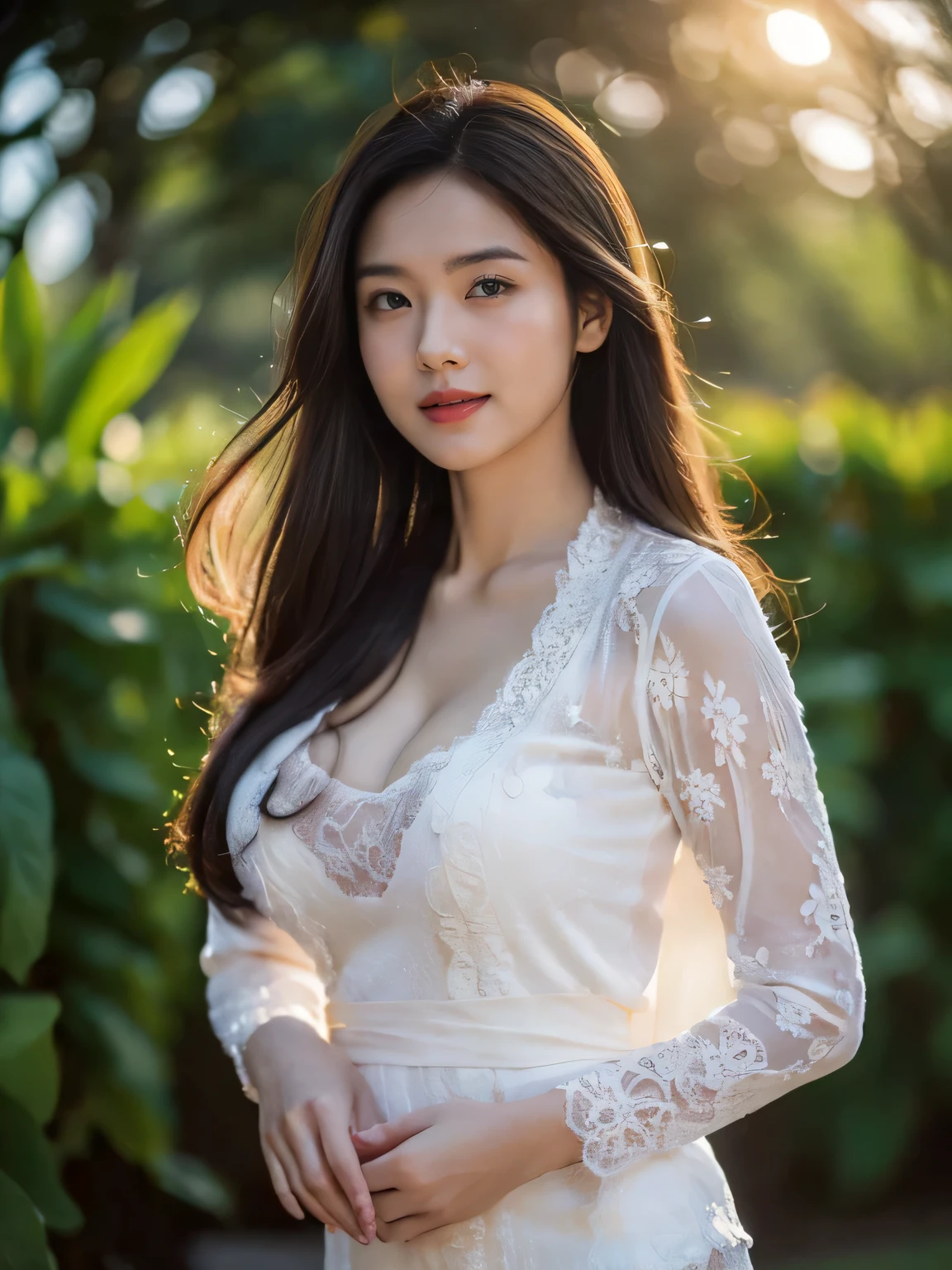 ( a girl in white kebaya )、(transparent kebaya ),(top-quality,​masterpiece:1.3,超A high resolution,), (table top), (Photorealsitic:1.4,RAW), Cute and naughty 19 years old Nguyen model, surealis, diamond necklace , blushy smile, (bulged large breast), (ample cleavage), harden nipples, Brunette hair, medium hair, (depth of fields)、seducely pose、Wide range of lighting、sun-tanned、 look at camera、forest background 