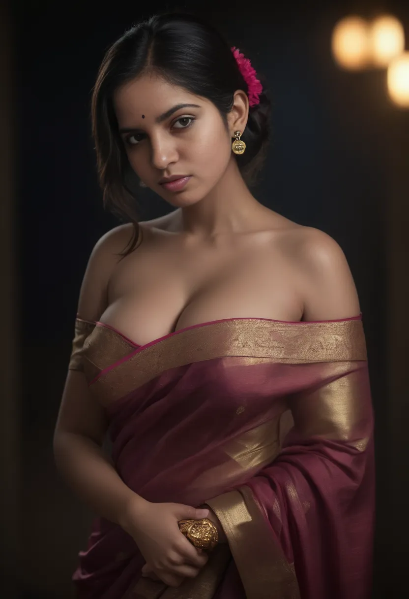 Latika, Indian woman, wearing indian sari, light purple sari, tight clothes, expressive eyes, close on eyes, neckline, looking to the viewer, smirk smile, above view, above view, close view, neckline, in India street, at night, sexy, above view, focus on eyes, NSFW, teasing, topless, pubianos, pussy, nude