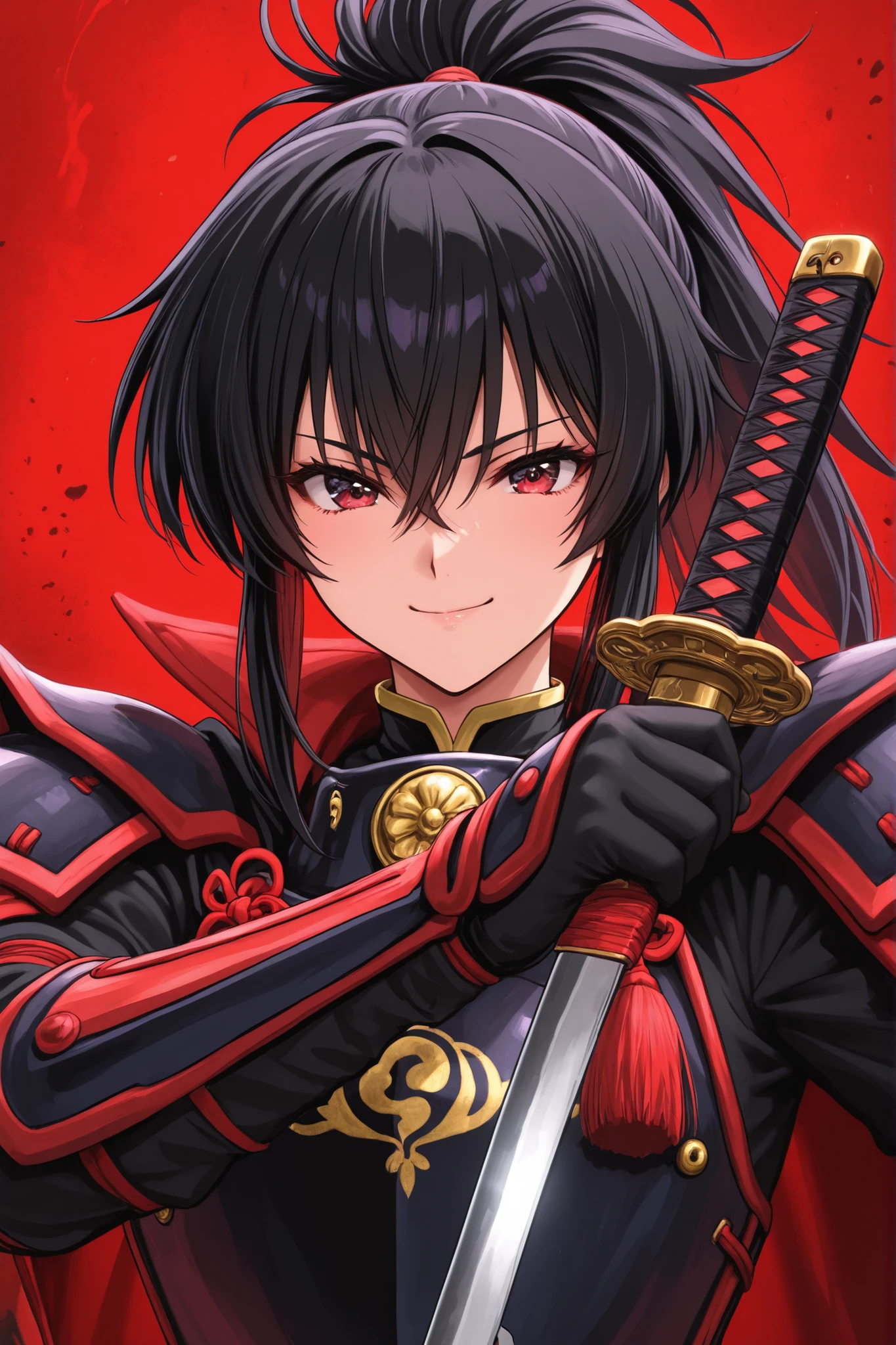 Poster of the full-body movie of the 90s of the anime Jidaigeki during the modernization of the Bakumatsu era (1853-1867). Princess in short black samurai armor with yellow embroidery, Anachronic black leggings, Battojutsu pose with black hair in a ponytail (inspiration from Musashi Miyamoto), equipment of rare level composed of a katana with a crimson red edge of unfounded light, red cape, Confident smile. red background