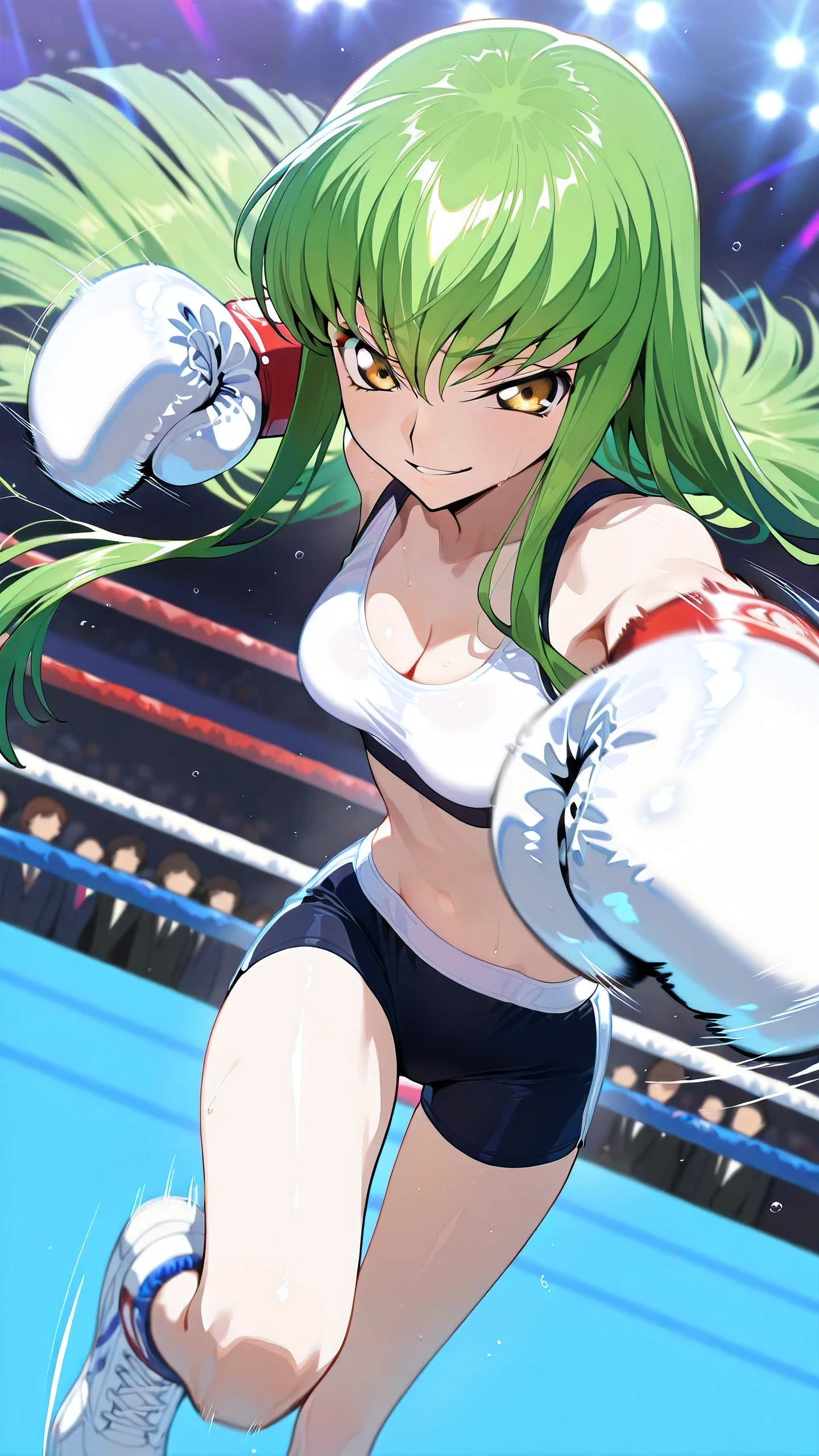 C.C., Code Geass, gold eyes,, solo, Detailed eyes, white sports bra, black boy leg spats, white boxing gloves, thigh, cleavage, slim long legs, medium breast, smirk, looking at viewer, Detailed eyes, Detailed face, medium shot, from side-above,
p4nch, punching, clenched hand, motion lines, motion blur,
boxing ring, spectator seats, (depth of field).