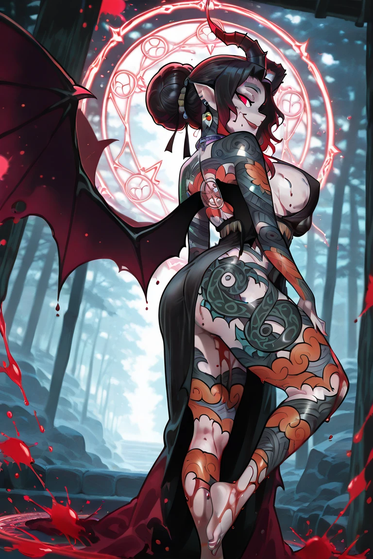 rory mercury red eyes, black hair, long hair, gothic, ribbon, hair bow, garter straps, thighhighs, lipstick, gauntlets, puffy sleeves,large breasts, ,large ass, nsfw,zombie, , glowing eyes,,tattoo,pierced earrings,pig,pig,animal,female,darkskin,