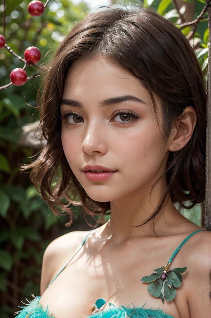 (best quality,highres),portrait,blonde hair,natural lighting,intense gaze,relaxed pose,green garden background,tall trees,ray of sunlight,soft shadows,summer vibes,vibrant colors,dreamy atmosphere,lush plants,delicate flowers,feminine charm,elegant smile,serene expression,fair skin,subtle makeup,gentle breeze,harmony with nature,freedom and beauty,life and vitality, flat chested the