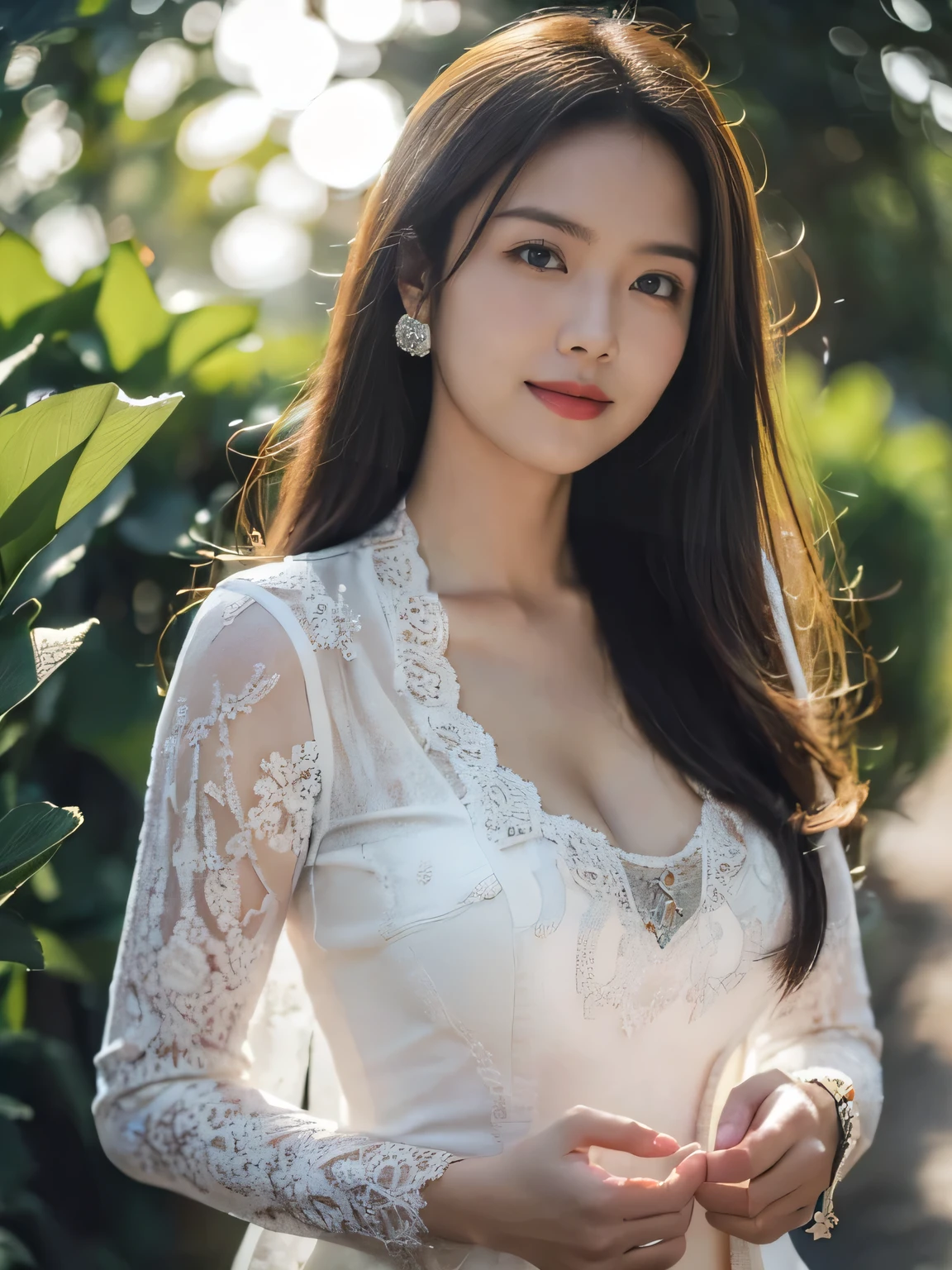 8k, best quality, Medium close-up, (white kebaya )、(luxury kebaya ),(top-quality,masterpiece:1.3,超A high resolution,),(ultra-detailliert,Caustics),(Photorealsitic:1.4,RAW shooting,)Ultra-realistic capture,A highly detailed,high-definition16Kfor human skin, Cute and lovely Korean girl, realistic, ultra detail, photo realistic, Increase quality,
standing in a garden with a scarf, garden, (large breast), (cleavage ), close-up shot, mouth,dark-haired, long hair, (depth of fields、chromatic abberation、Wide range of lighting、Natural Shading、)、(Exterior light at night:1.4)、(Hair swaying in the wind:1.2).