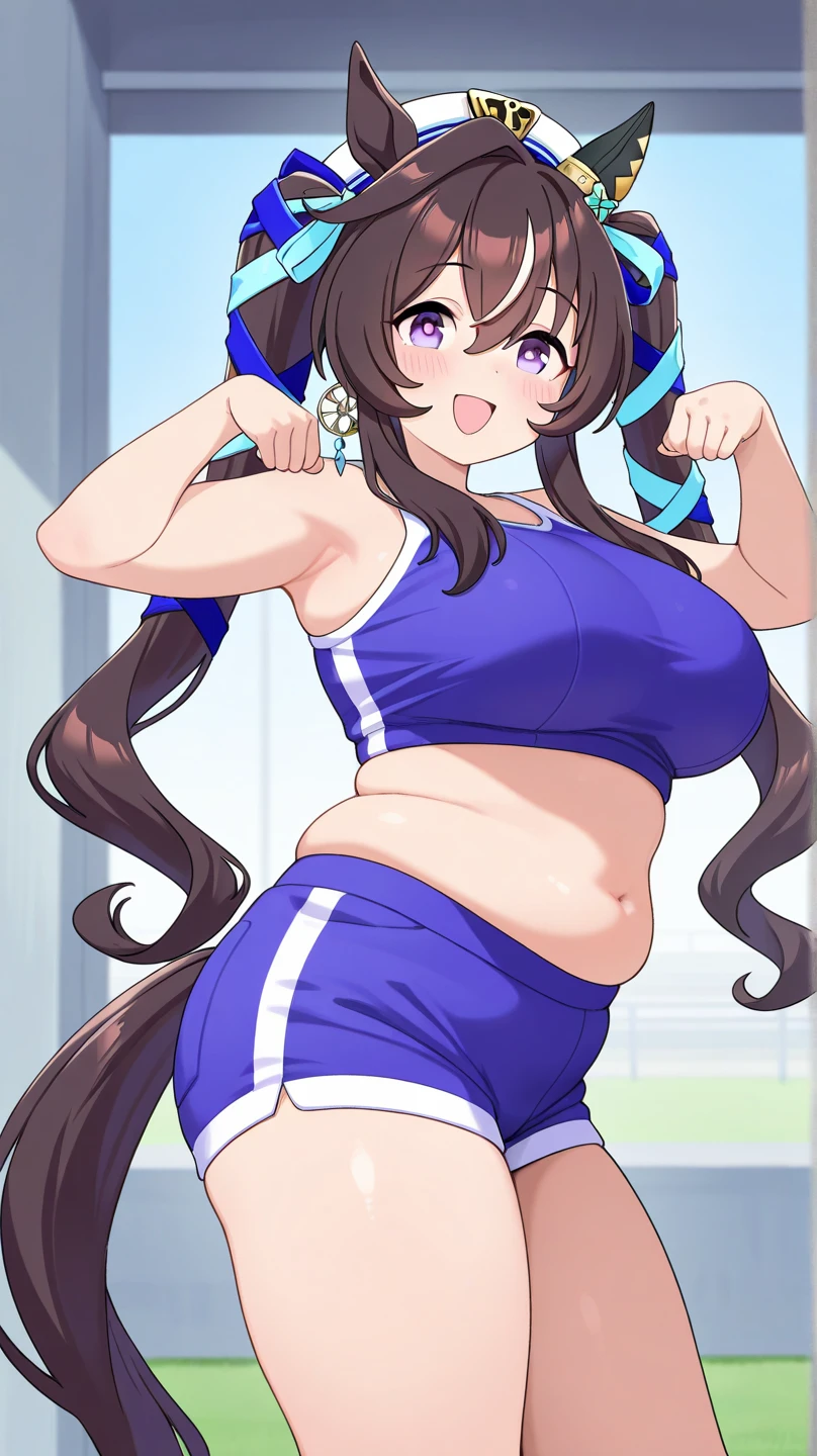 ((Masterpiece)), perfect ???????, perfect shading, field of depth, (best quality), extremely delicate and beautiful, perfect lighting, detailed face, ultra cute face, cute, (cowboy shot 1.2), looking at viewer, full body, (((1girl))), (((solo))), cheerleader

 long hair, fluffy hair, brown hair, green eyes, ((blush))), embarrassed, worried, (cheerleader uniform), (blue and white tank top 1.2), (short section red skirt 1.2), thigh highs, chocker, extremely tight clothes, large breasts, cleavage, perky breasts, (((wide hips))), ((thick thighs)), ((big butt)), ((plump)), chubby belly, fat rolls, belly hang, she has a jiggly belly,

 School gym, intricate background, detailed background, sweaty, out of breath, hands on hip