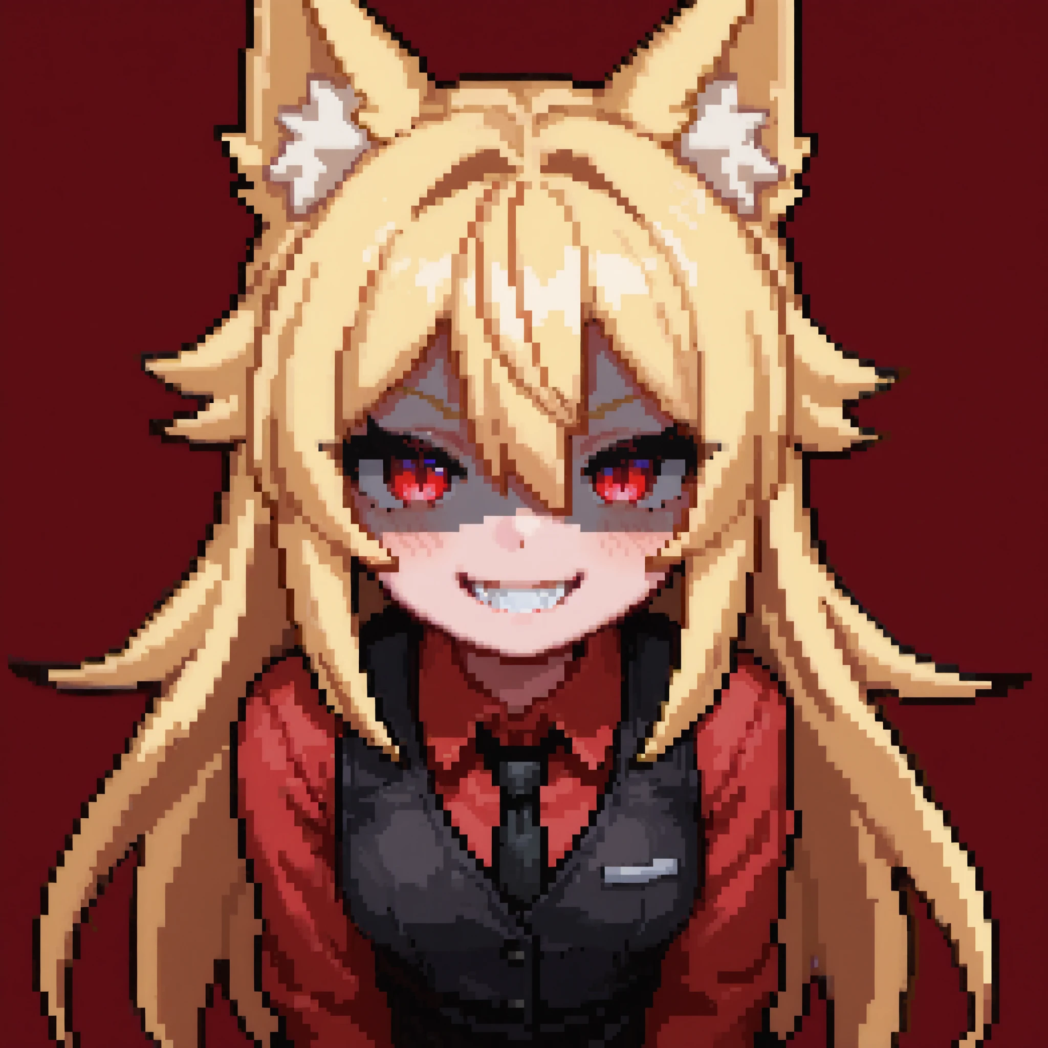 masterpiece, best quality, amazing quality, hyper-detailed, very aesthetic, absurdres, highres, 1girl, solo, blonde hair, shoulder-length hair, spiked bangs, spiked hair ends, spiked hair between eyes, mogeko ears , hair flaps, red eyes, slit pupils, glowing eyes, petite hourglass body, small breasts, light-toned skin, black vest, black tie, (red dress shirt:1.2), blush, simple background, red background, looking at viewer, chibi, portrait, face close-up, evil smile, shaded face, sharp teeth, leaning forward