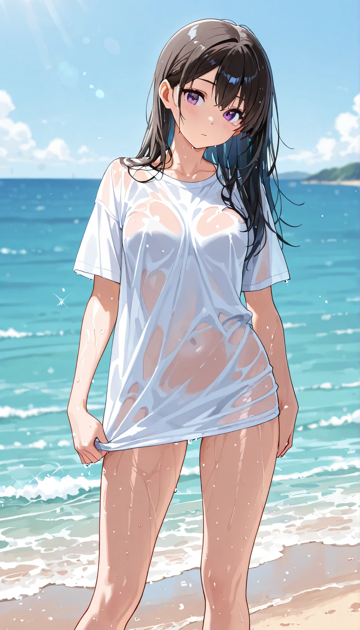 Madoka Ayukawa, 14 years old, bangs, 1girl, masterpiece, highest quality, disorganized, retro artstyle, 1980s \(style\)))), look viewer, (((Wet T-shirt))), full blush, (((no Panties))),, Take a look here, (((nsfw))), view audience, nsfw, Genitals are visible,1girl, (((See here))), nsfw, (Japanese girl showing off genitals:1.1), look viewer, (((walking on the beach, knee standing,))),