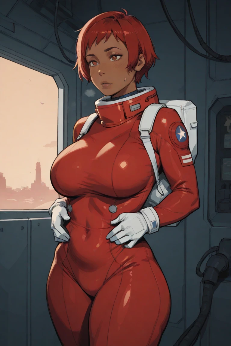 1girl, busty brunette comic book woman, gorgeous face, masterpiece, beautiful, high quality, high definition, superb quality, highly detailed, insane detail, hands on hips, happy, smiling, sexy pose, hand on hip, long hair, huge ponytail, slim, thin, athletic, womanly, rubbery, elastic woman, (modest red spandex with white panels on sides, red and white morph suit, tight top), rubber body, brunette, (((gigantic breasts, gigantic boobs, massive tits, slim waist, overflowing breasts, too big for her top))), city, soft lighting, natural lighting, natural color, heroic, cheerful, (bold nose, hawkish facial features),