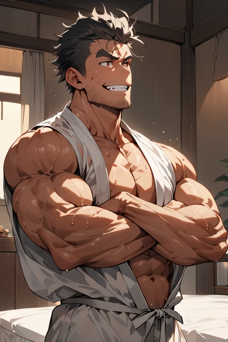 Hands down，Bare chest muscles，Upper body，(masterpiece，The best quality，H)，1 person，Naked Man，很shy，My face turns red，shy，muscular，Eyes look at the audience，Nude，(Nude)，Blue eyes，No shirt，Upper body，short blue-purple hair，Youthful feeling，young，(Fluorescent lamp)，(One color)，(蓝色background)，Green Striped Shorts，Thick arms，Broad shoulders，Strong without being bulky，tall and big，Extremely tall，The room looks small to him.，Hairy body，Very big body，Covered with muscles，Very strong，strongman，huge，maximum，Open your arms to your sides，Facial Cleansing，Clean face，Chest muscle expansion，background：A hanger full of clothes
