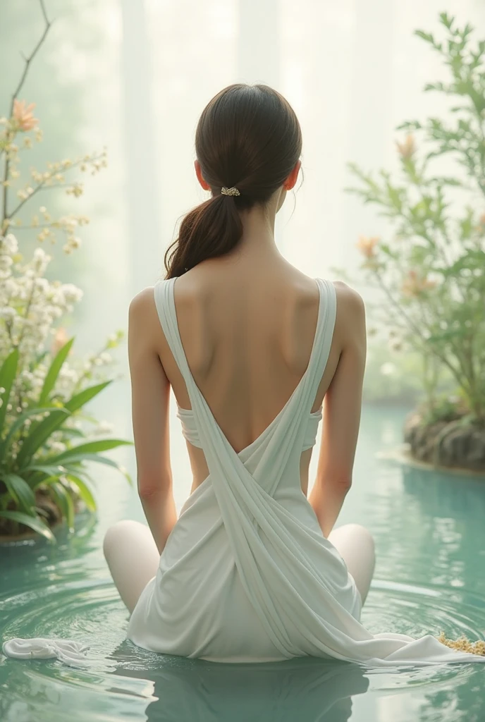 Create an Asian beauty，Hair in a bun，Beautiful big eyes，Regular facial features，Normal limbs，Cute big breasts and buttocks，Very large hips，Proud of your figure，White traditional silk cheongsam，The upper body of the cheongsam covers the entire back and shoulders，Washing hair with both hands above the head，Lots of real white foam on the hair，The hair is covered with white real foam，The expression is happy，sideways，The pose，Background in the ancient courtyard swimming pool，Overall figure，Exquisite and detailed，9:16 frames，Ultra HD painting