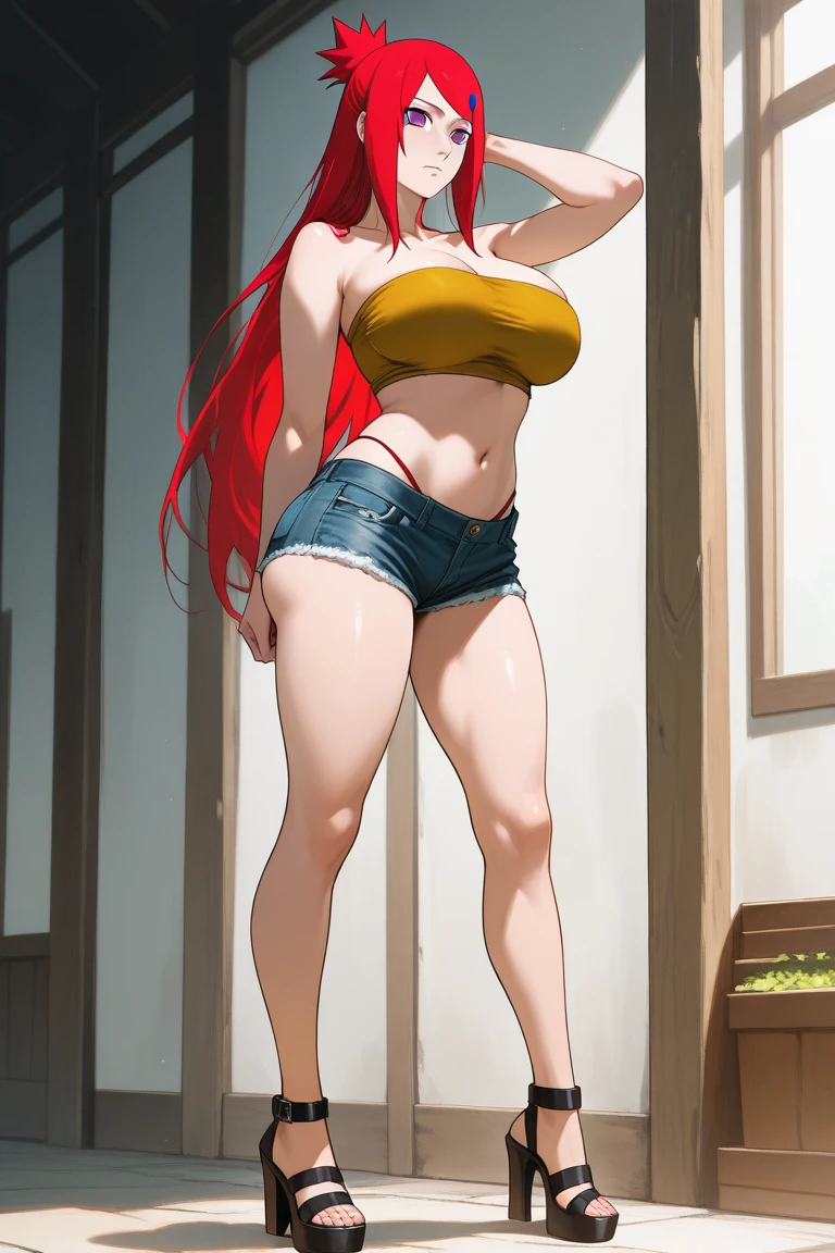Uzumaki_kushina,Blue eyes, ,bangs,red hair ribbon, ponytail,
1 girl, 20yo,Young female,Beautiful long legs,Beautiful body,very big breast,big breast, medium thigh, medium ass
Beautiful Nose,Beautiful character design, perfect eyes, perfect face,expressive eyes,perfect balance, cleavage,navel,bellybutton
,wearing indian Saree, standing ,  smiling playfully with a mischievous glint in her eyes. She looks up at the viewer, her arms raised as if she has just finished adjusting her clothes. The light casts a warm glow on her skin, highlighting her toned physique. Mouth open, tongue sticking out