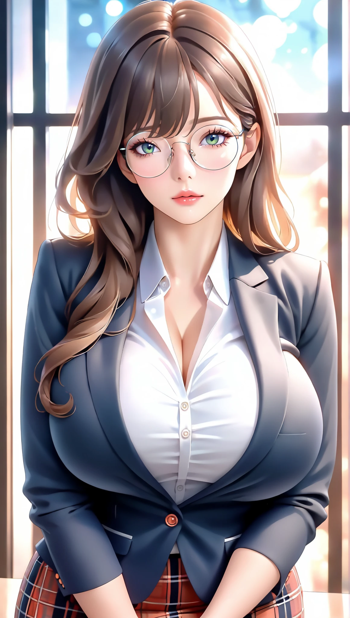 ((masterpiece)), (best quality:1.7), (detailed:1.4), (high res:1.4), 8k, (colorful:1.5), high resolution, sharped image, 4k, hd, (beautiful detailed background:1.2), (beautiful lighting:1.2), (highly detailed:1.2), perfect lighting, (8k wallpaper:1.2), (highly detailed:1.2), (extremely detailed CG:1.2), ((dark brown medium long straight hair with bangs covering an eye)), (hair bangs covering one eye), ((only dark brown hair)), ((busty)), curvy figure, (((hazel-green eyes))), office outfit, glasses, mature, (((30 year old))), human adult, tall, fullbody