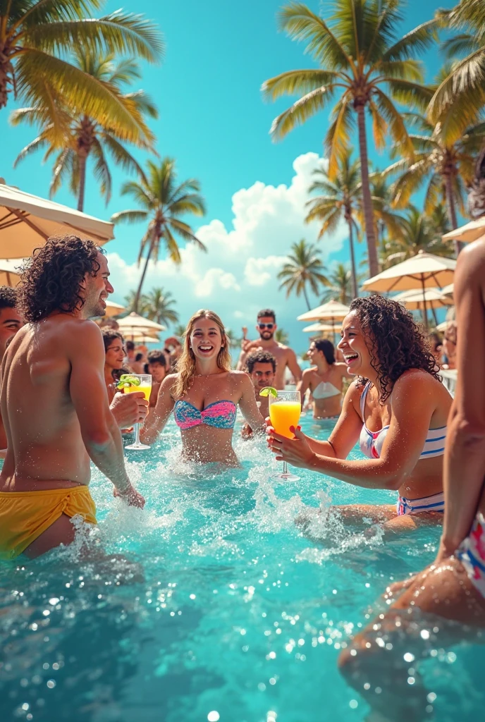 (masterpiece, best quality), beautiful group of men and woman swimming in a pool, polarized sunglasses, pool party, balloons and confetti, cakes everywhere, orange and purple,, bright colors, clean lines, photorealistic