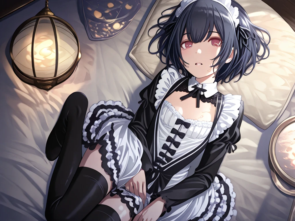 Anime girl with black hair and white dress lying in bed, Anime drawing by Honoohito, Pixiv, Sequential Art, anime girl in a Maid costume, , Anime Moe Art Style, gorgeous Maid, Cute girl anime visuals, anime cat girl in a Maid costume, Maid outfit, Enchanting anime girl, Lori, Maid