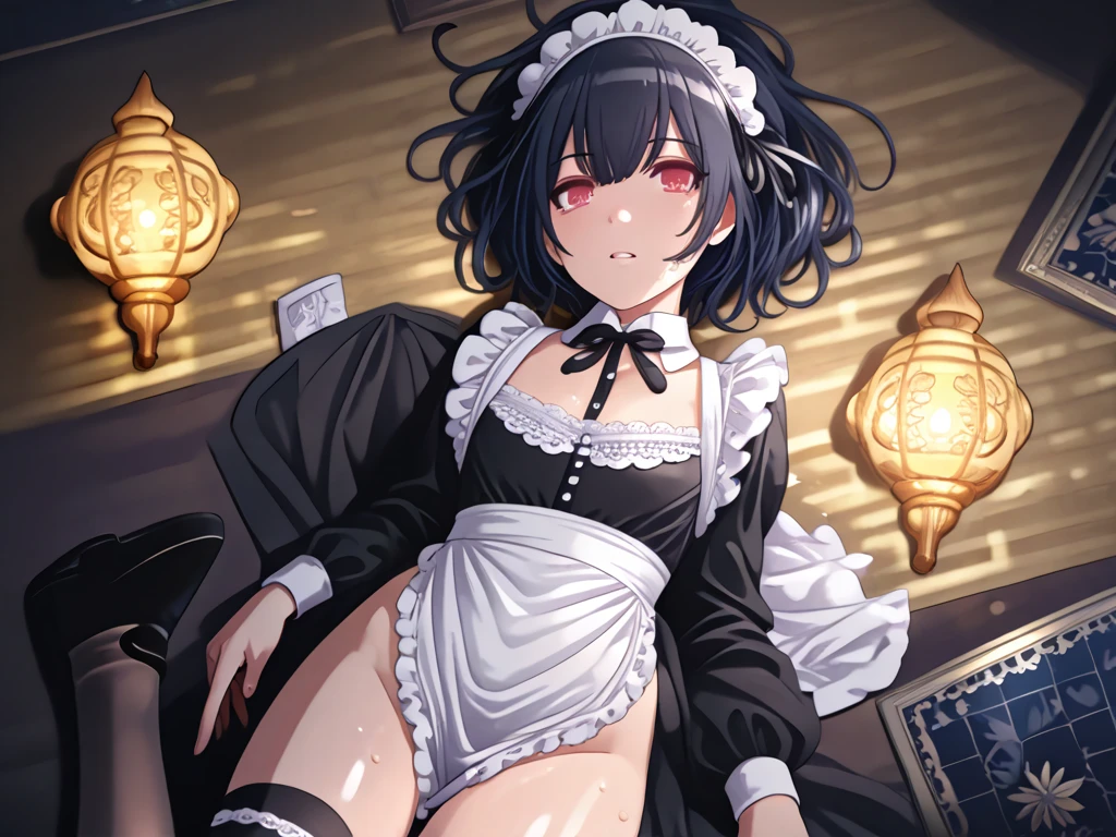 masterpiece, best quality, (1girl), shinobu_kocho, demon slayer\(series\), maid uniform, detached collar, outdoor, night street, shiny skin, from above, thigh thighs, ahegao face