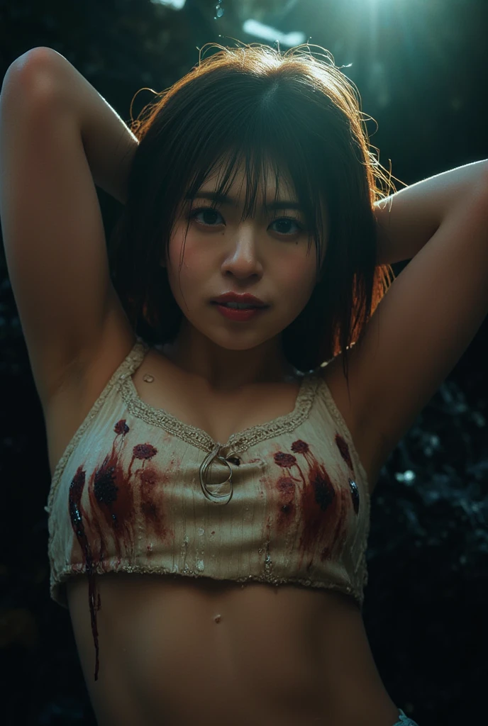((masterpiece , Highest quality ,Face Focus)), 27 year old single woman , No tie collar shirt , Denim jeans , thin , Flat Chest , (Black medium hair , (Messy Hair:1.37) , Red eyes , Dark circles under the eyes:1.3) , (Jig eyes , Expressionless:1.7) , (smile: 0.1)