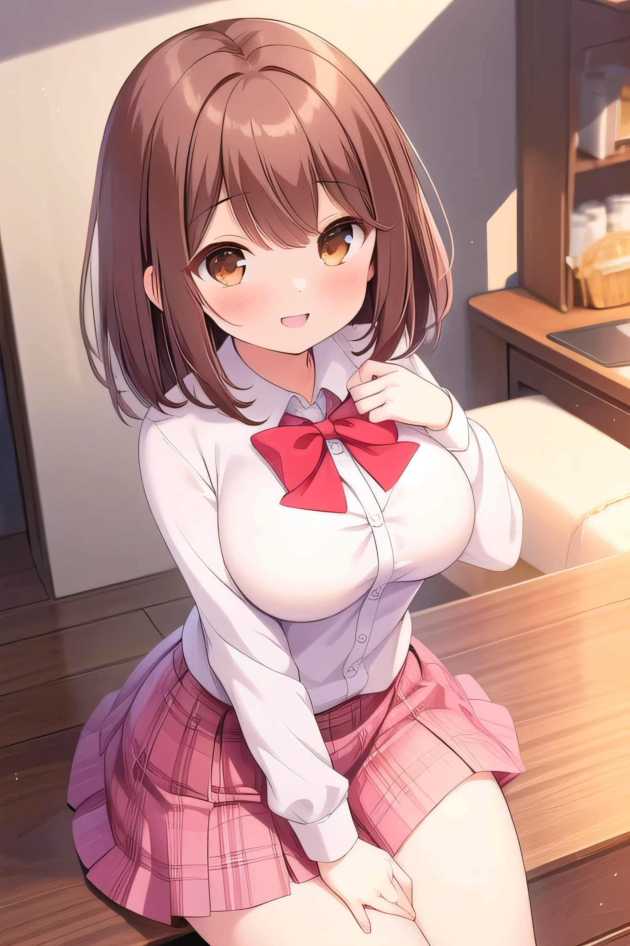 (masterpiece, best quality), highly detailed background, perfect quality, shiina kokomi, solo, brown hair, long hair, brown eyes, breasts, blazer, white shirt, red bowtie, pink skirt, plaid skirt, gentle, big breast, on room, happy and smile, fully shoulders, short hairs,
