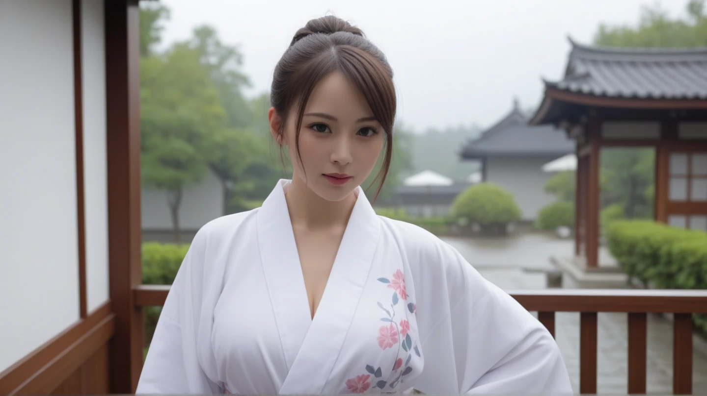 close-up of beautiful beautiful korean female, 34 inch breasts size, wearing white kimono, holding tea set, in Japanese garden, UHD